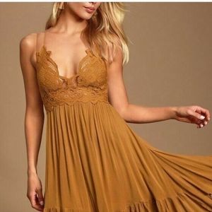 Free people adella lace mini dress gold